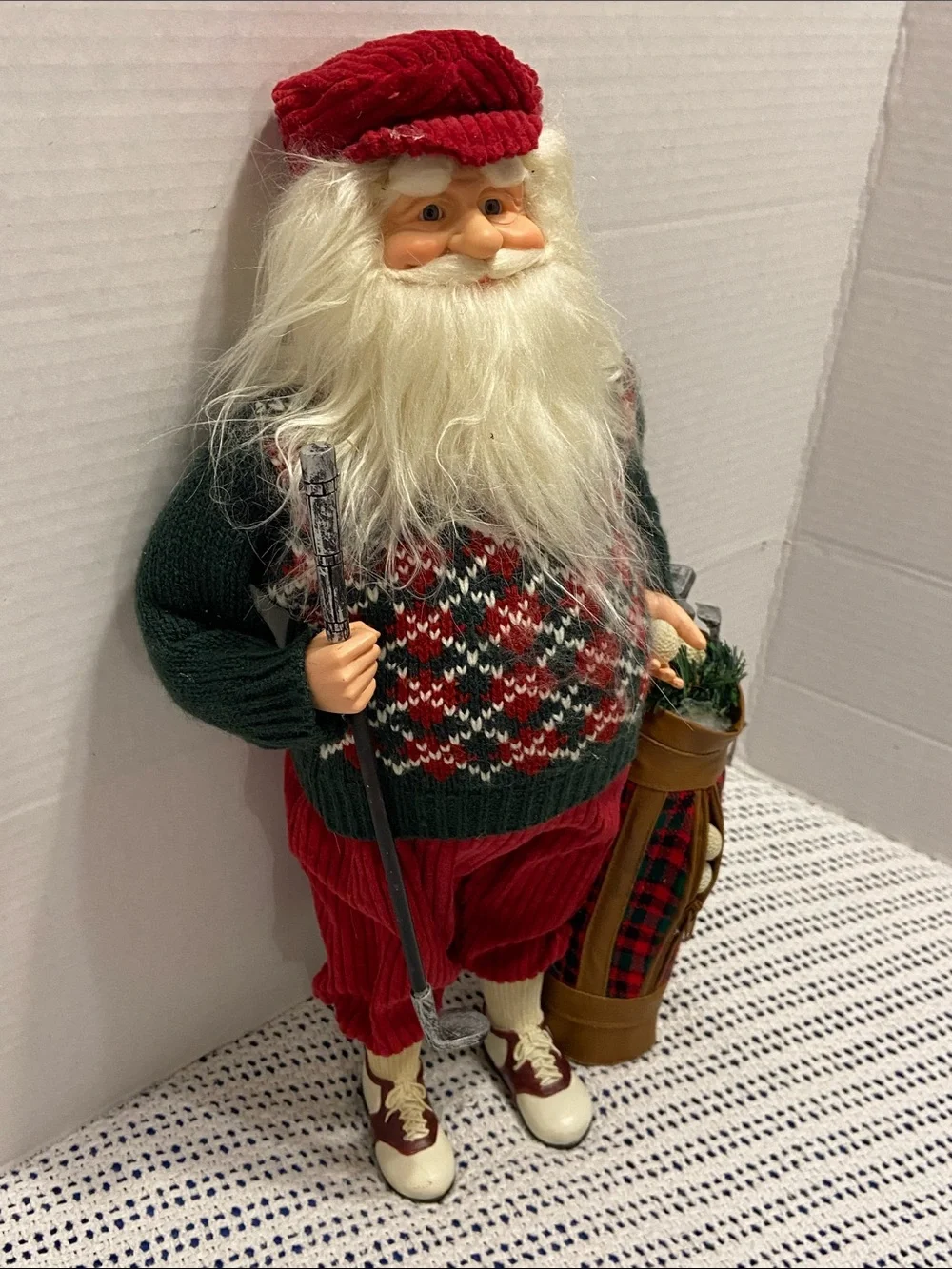Santa Golf Figurine Red Corduroy Pants & Hat Argyle Sweater Golf Club Bag & Ball